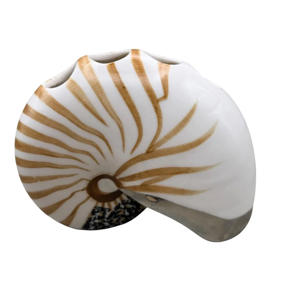 Springmaid Ceramic Nautilus Shell Vase Multi Opening Coastal Decor White Brown